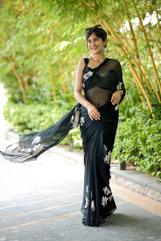 Black Georgette Saree with Hand-Painted White Florals – Attached Blouse – 5.5 Meters FANCY SAREES