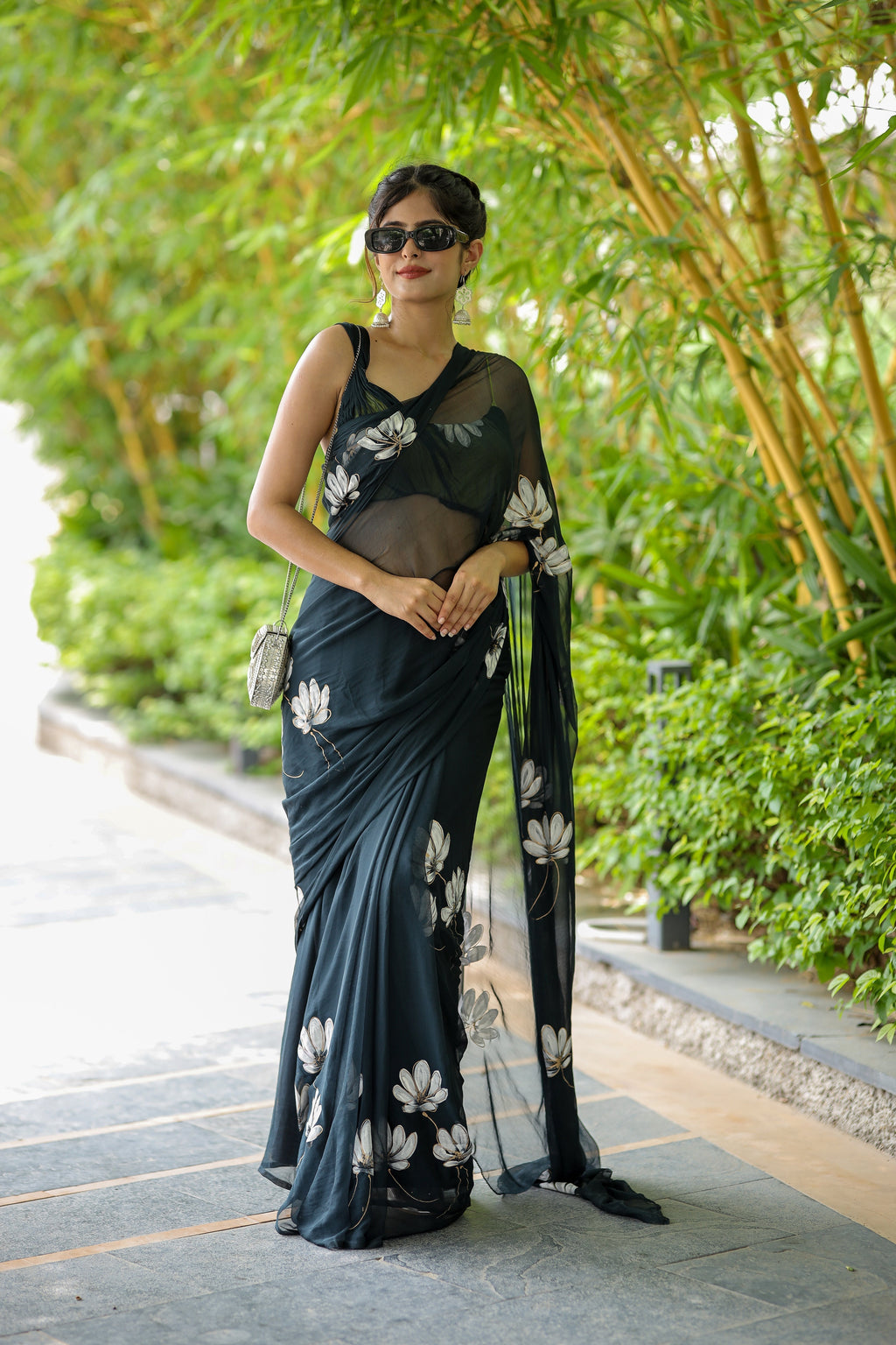 Black Georgette Saree with Hand-Painted White Florals – Attached Blouse – 5.5 Meters FANCY SAREES