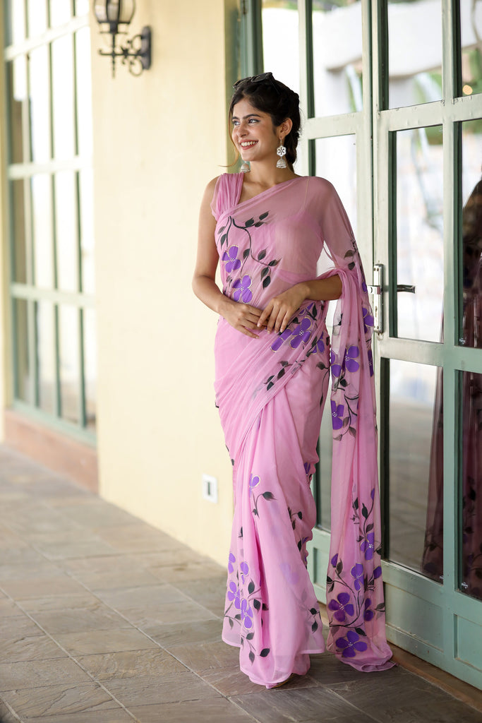 Lavender Pink Georgette Saree with Hand-Painted Purple Flowers – 5.5 Meters with Attached Blouse FANCY SAREES