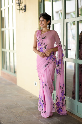 Lavender Pink Georgette Saree with Hand-Painted Purple Flowers – 5.5 Meters with Attached Blouse FANCY SAREES