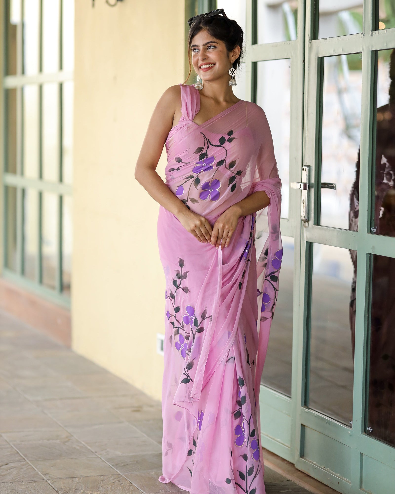 Lavender Pink Georgette Saree with Hand-Painted Purple Flowers – 5.5 Meters with Attached Blouse FANCY SAREES