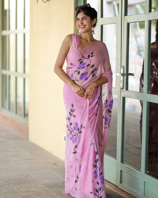 Lavender Pink Georgette Saree with Hand-Painted Purple Flowers – 5.5 Meters with Attached Blouse FANCY SAREES