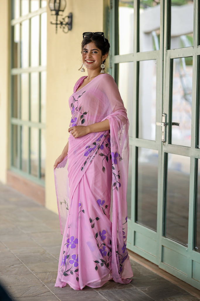 Lavender Pink Georgette Saree with Hand-Painted Purple Flowers – 5.5 Meters with Attached Blouse FANCY SAREES