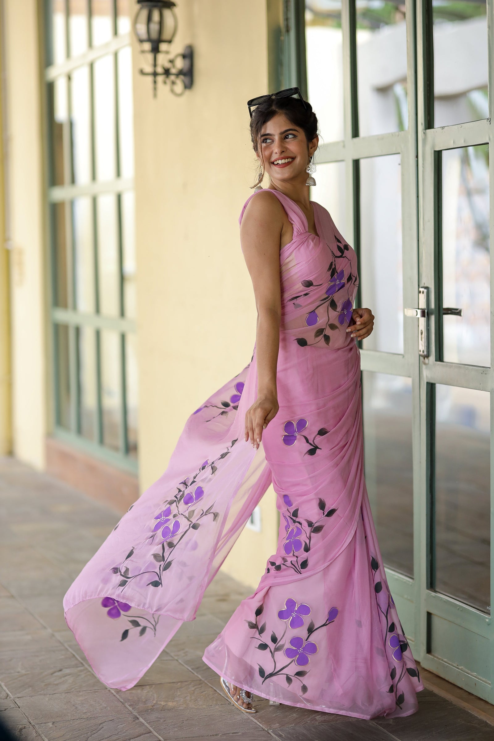 Lavender Pink Georgette Saree with Hand-Painted Purple Flowers – 5.5 Meters with Attached Blouse FANCY SAREES