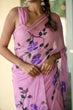 Load image into Gallery viewer, Lavender Pink Georgette Saree with Hand-Painted Purple Flowers – 5.5 Meters with Attached Blouse FANCY SAREES
