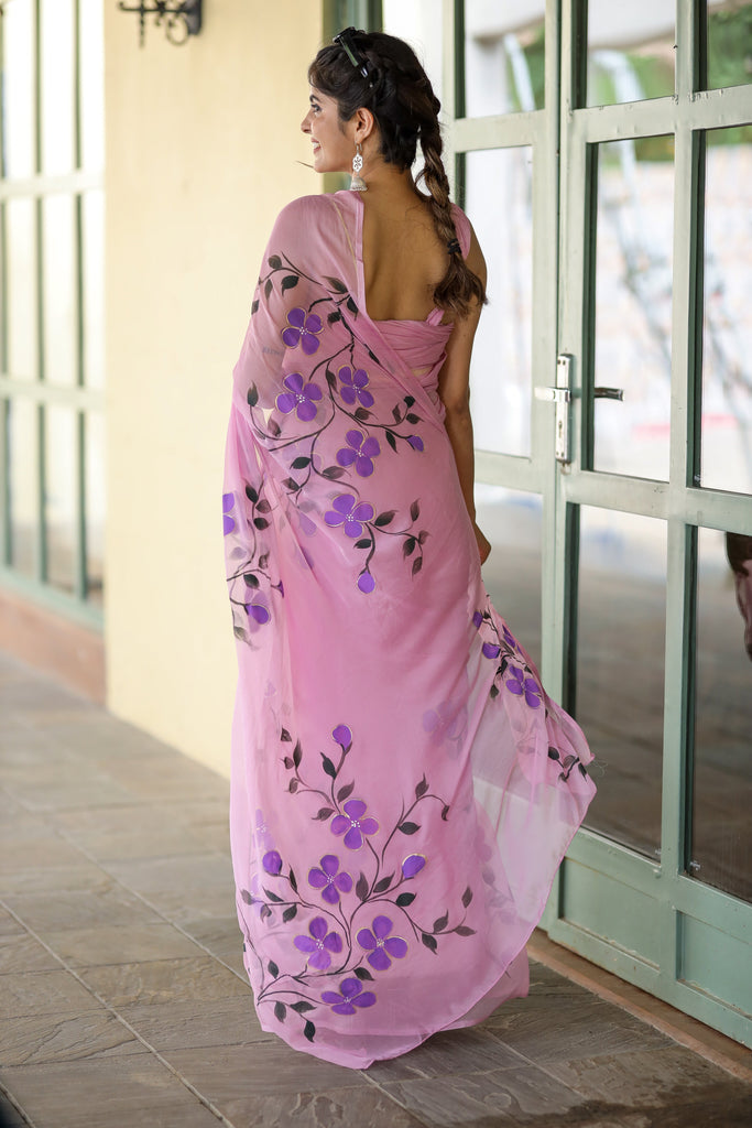 Lavender Pink Georgette Saree with Hand-Painted Purple Flowers – 5.5 Meters with Attached Blouse FANCY SAREES