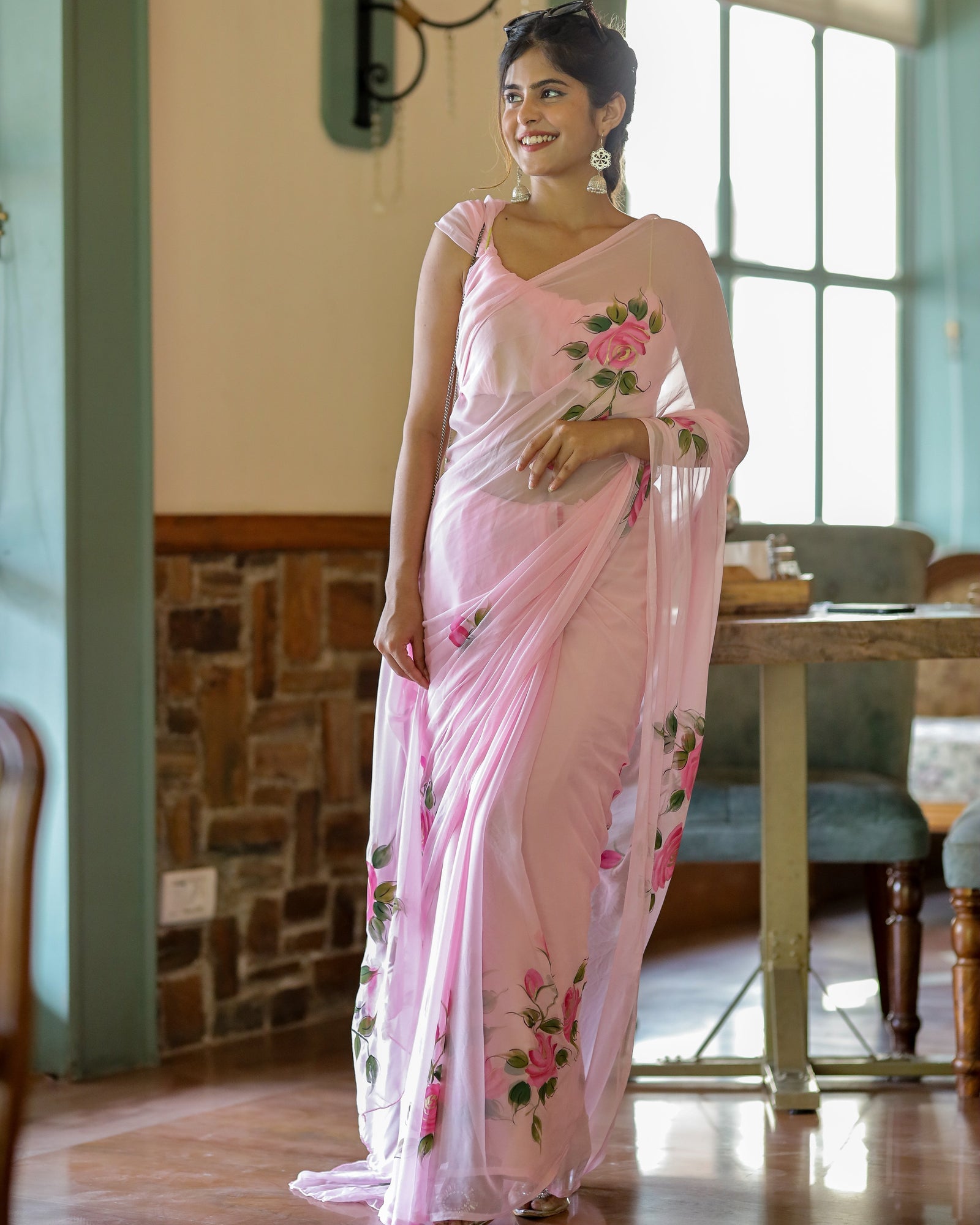 Baby Pink Pure Georgette Saree with Hand-Painted Pink Roses & Green Leaves – 5.5 Meters with Blouse Piece FANCY SAREES