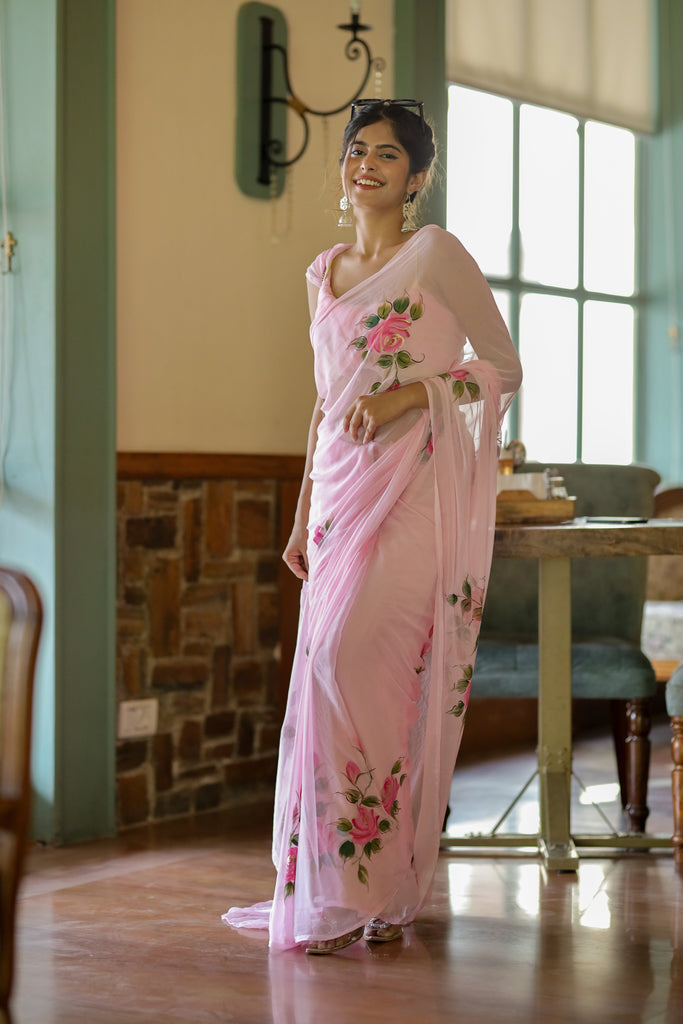 Baby Pink Pure Georgette Saree with Hand-Painted Pink Roses & Green Leaves – 5.5 Meters with Blouse Piece FANCY SAREES