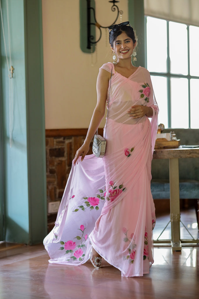 Baby Pink Pure Georgette Saree with Hand-Painted Pink Roses & Green Leaves – 5.5 Meters with Blouse Piece FANCY SAREES