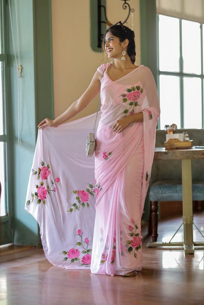 Baby Pink Pure Georgette Saree with Hand-Painted Pink Roses & Green Leaves – 5.5 Meters with Blouse Piece FANCY SAREES
