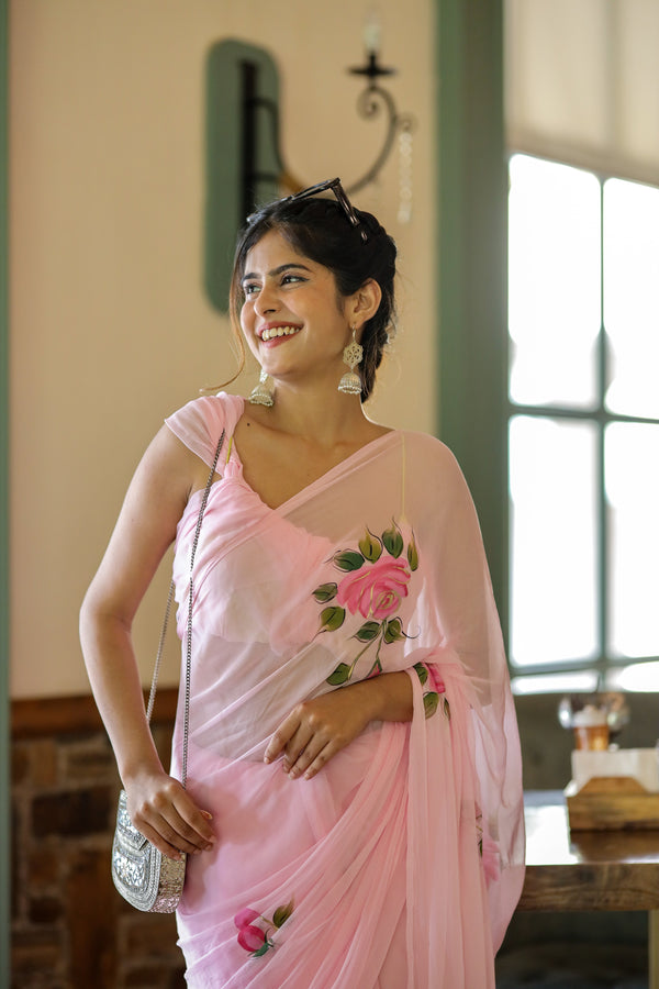 Baby Pink Pure Georgette Saree with Hand-Painted Pink Roses & Green Leaves – 5.5 Meters with Blouse Piece FANCY SAREES