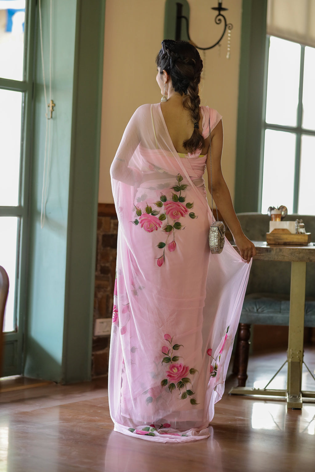 Baby Pink Pure Georgette Saree with Hand-Painted Pink Roses & Green Leaves – 5.5 Meters with Blouse Piece FANCY SAREES