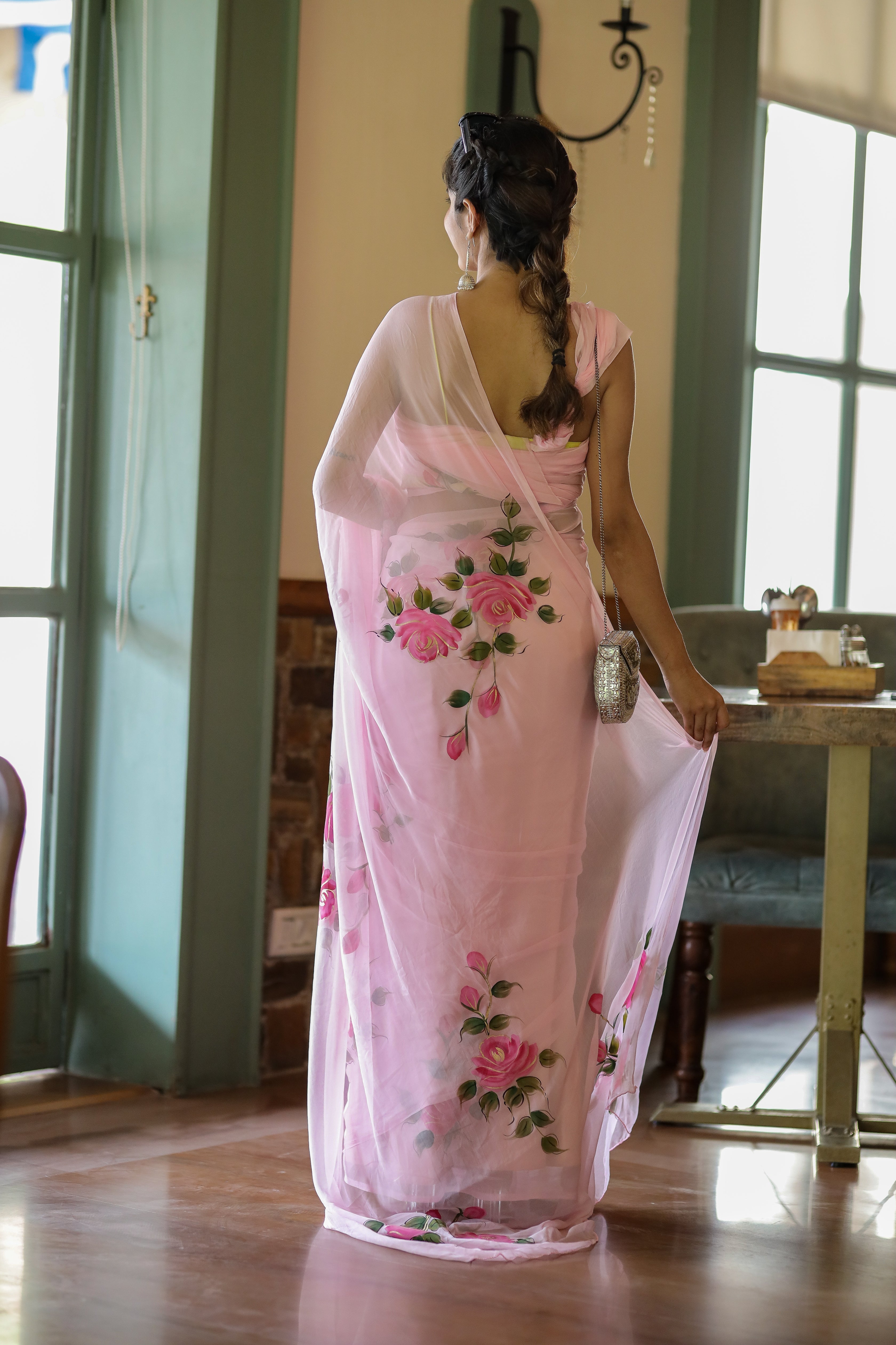 Baby Pink Pure Georgette Saree with Hand-Painted Pink Roses & Green Leaves – 5.5 Meters with Blouse Piece FANCY SAREES
