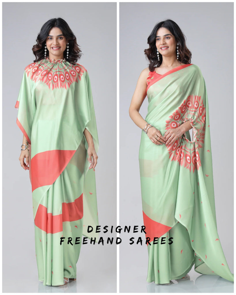 Mint Green & Coral Designer Freehand Printed Saree in Georgette Satin – Ready to Wear with Abstract Peacock Motif FREEHANDED
