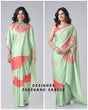 Load image into Gallery viewer, Mint Green &amp; Coral Designer Freehand Printed Saree in Georgette Satin – Ready to Wear with Abstract Peacock Motif FREEHANDED