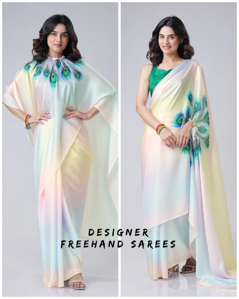 Pastel Rainbow Freehand Saree with Peacock Feather Print in Georgette Satin – Ready to Wear Designer Drape FREEHANDED