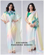Load image into Gallery viewer, Pastel Rainbow Freehand Saree with Peacock Feather Print in Georgette Satin – Ready to Wear Designer Drape FREEHANDED