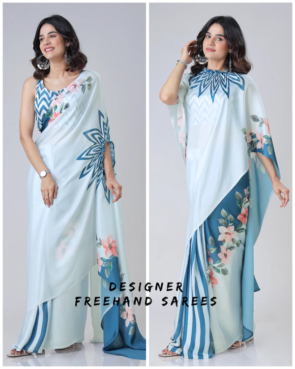 Icy Blue Designer Freehand Saree with Navy Starburst & Floral Print in Georgette Satin – Ready to Wear FREEHANDED