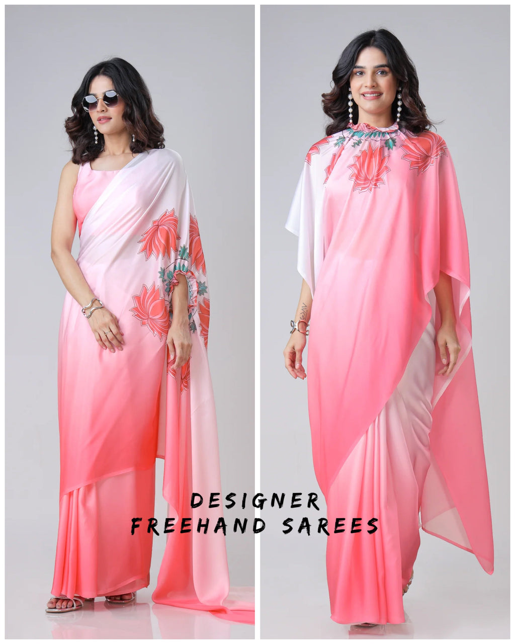 Blush Pink Ombre Freehand Floral Print Saree in Georgette Satin – Ready to Wear Designer Elegance FREEHANDED