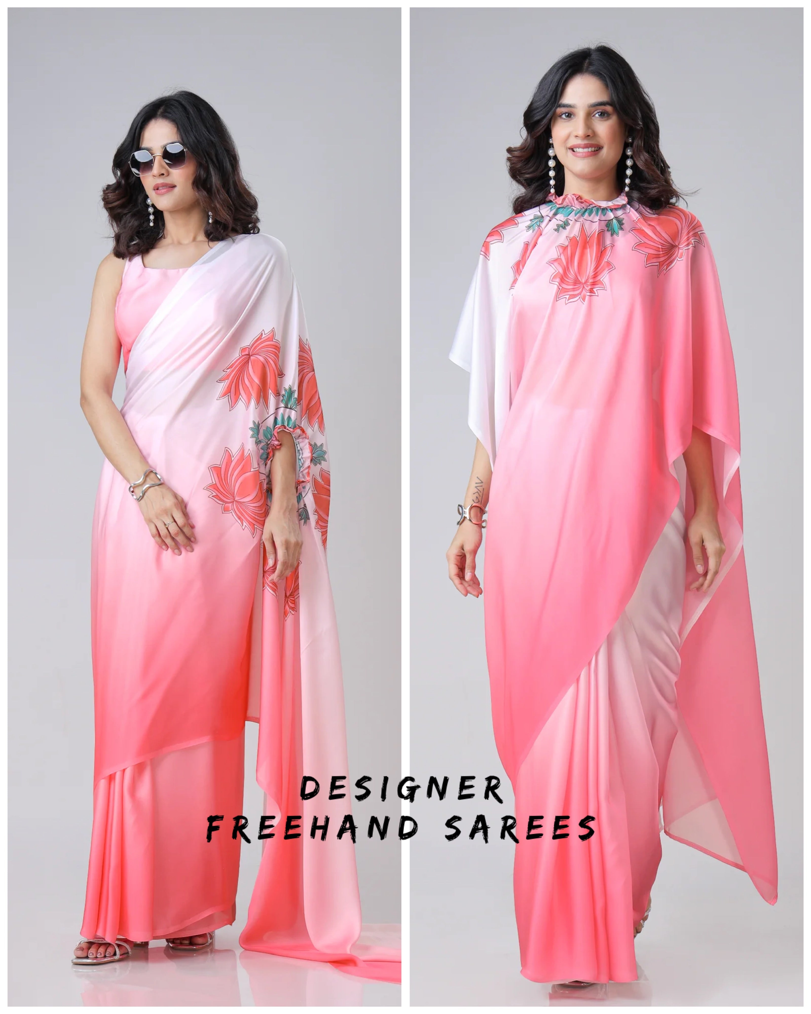 Blush Pink Ombre Freehand Floral Print Saree in Georgette Satin – Ready to Wear Designer Elegance FREEHANDED