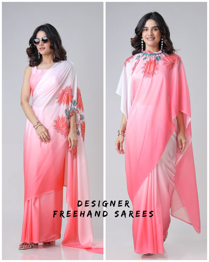Blush Pink Ombre Freehand Floral Print Saree in Georgette Satin – Ready to Wear Designer Elegance FREEHANDED