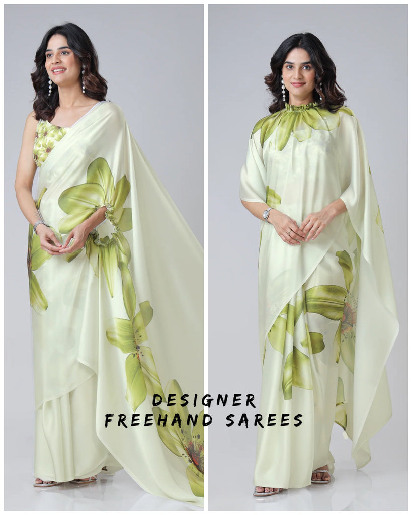 Mint Bloom Designer Freehand Floral Print Saree in Georgette Satin – Ready to Wear Elegance FREEHANDED