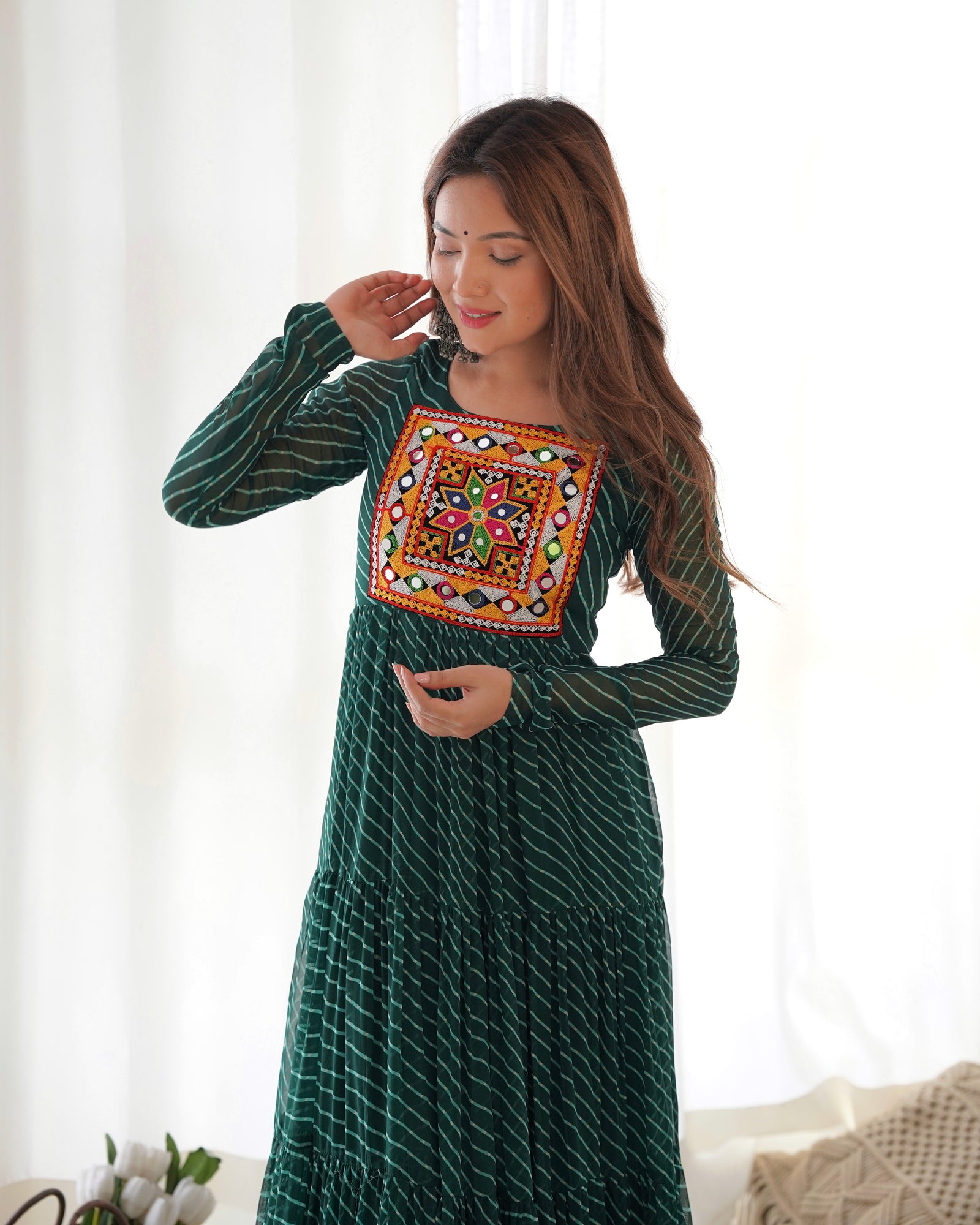 Bottle Green Vibrant Laheriya Anarkali Gown – Perfect for Navratri, Ready to Wear