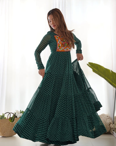 Bottle Green Vibrant Laheriya Anarkali Gown – Perfect for Navratri, Ready to Wear