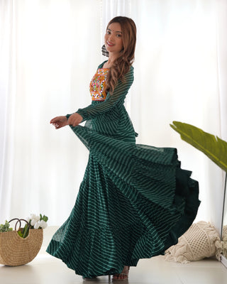 Bottle Green Vibrant Laheriya Anarkali Gown – Perfect for Navratri, Ready to Wear
