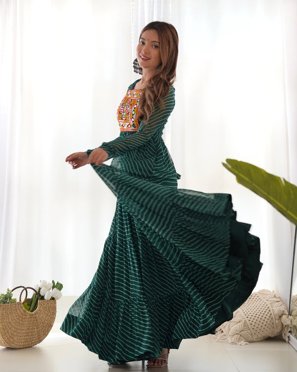 Bottle Green Vibrant Laheriya Anarkali Gown – Perfect for Navratri, Ready to Wear