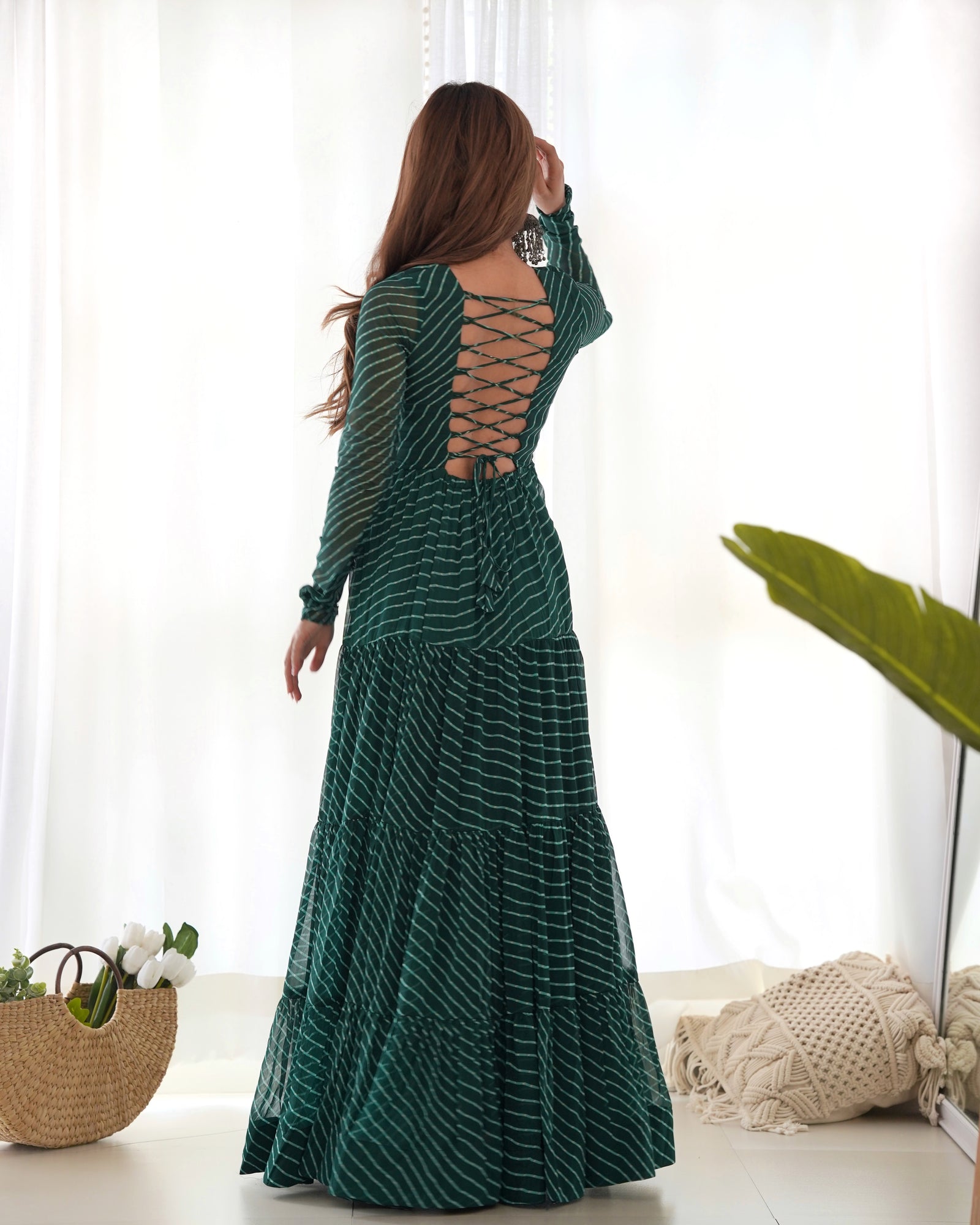 Bottle Green Vibrant Laheriya Anarkali Gown – Perfect for Navratri, Ready to Wear