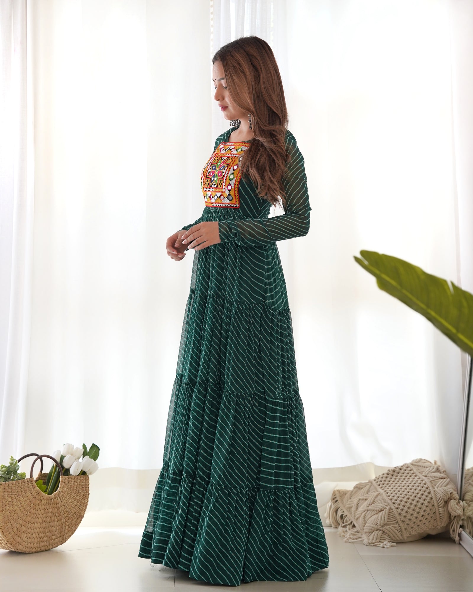 Bottle Green Vibrant Laheriya Anarkali Gown – Perfect for Navratri, Ready to Wear