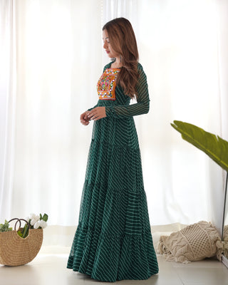 Bottle Green Vibrant Laheriya Anarkali Gown – Perfect for Navratri, Ready to Wear