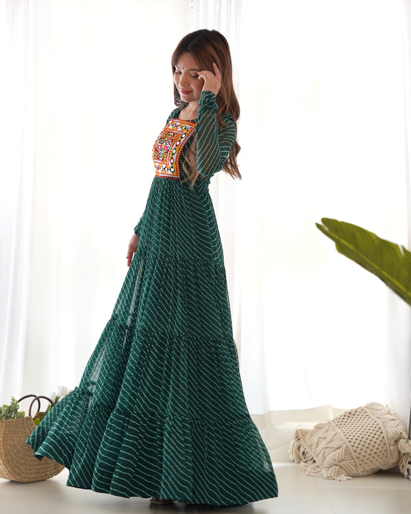 Bottle Green Vibrant Laheriya Anarkali Gown – Perfect for Navratri, Ready to Wear