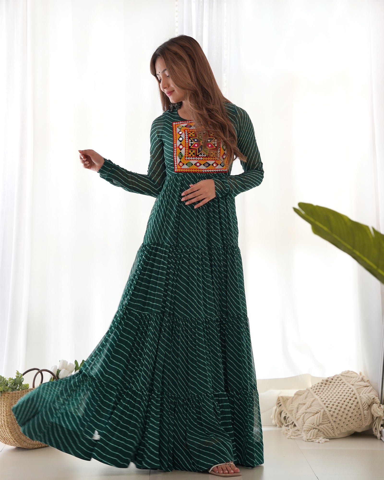 Bottle Green Vibrant Laheriya Anarkali Gown – Perfect for Navratri, Ready to Wear