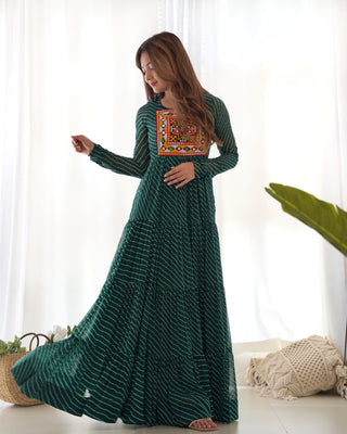 Bottle Green Vibrant Laheriya Anarkali Gown – Perfect for Navratri, Ready to Wear