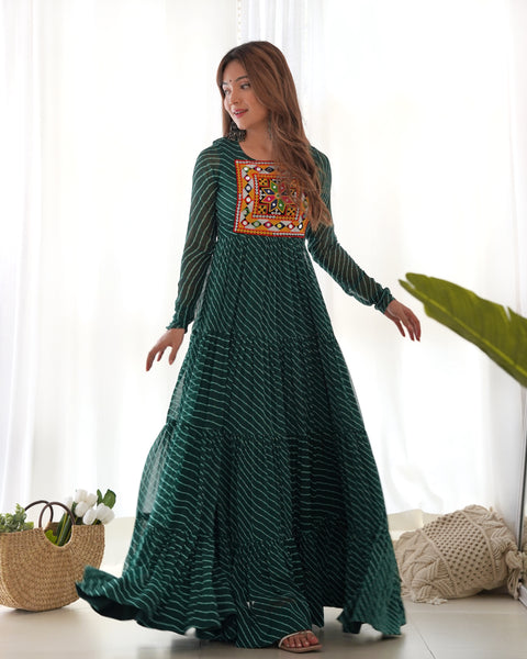 Bottle Green Vibrant Laheriya Anarkali Gown – Perfect for Navratri, Ready to Wear Main image
