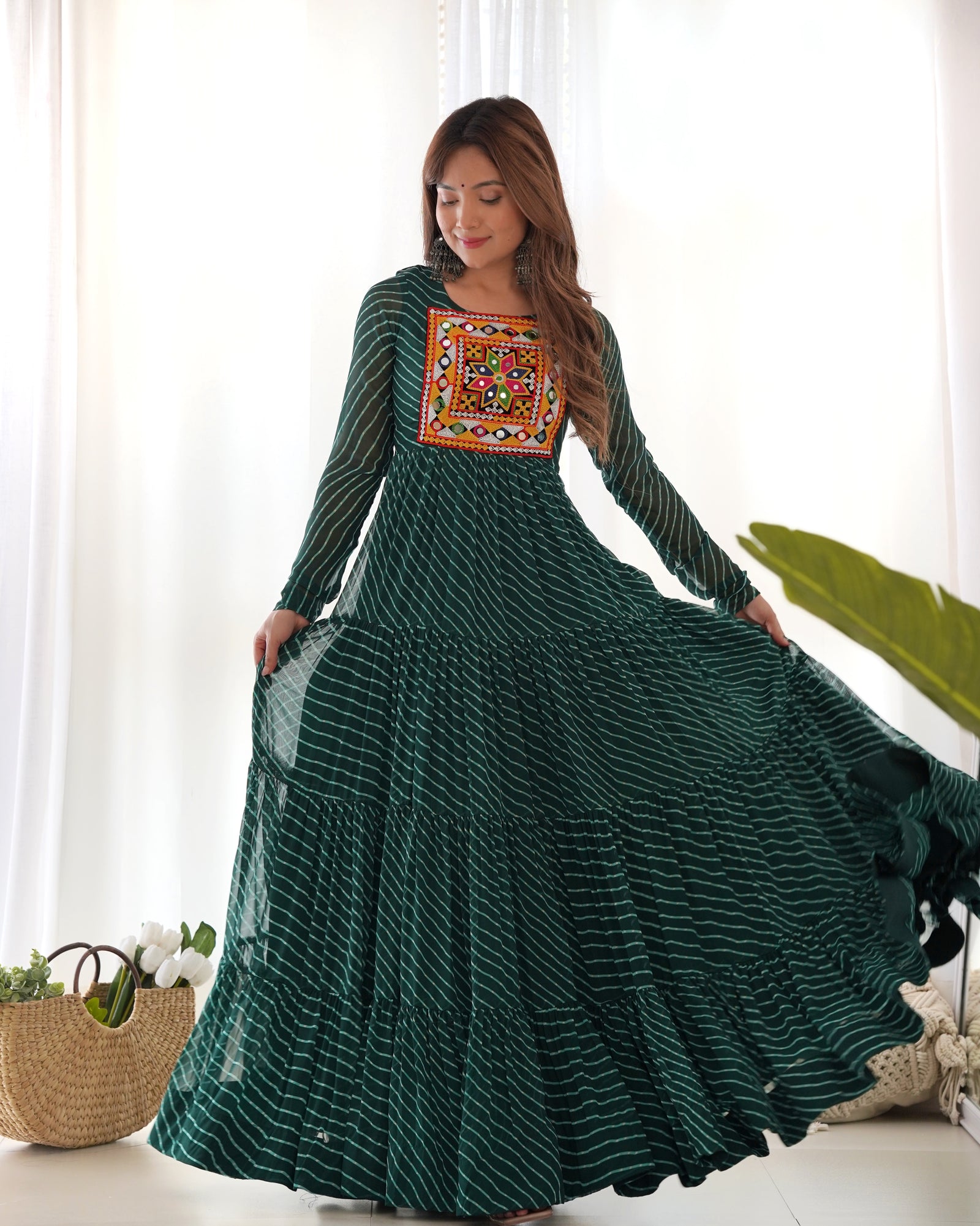 Bottle Green Vibrant Laheriya Anarkali Gown – Perfect for Navratri, Ready to Wear