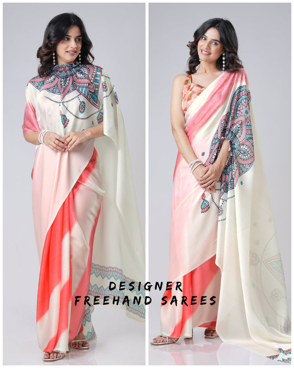 Coral Cream Mandala Print Freehand Saree – Handsfree Draping Elegance FREEHANDED