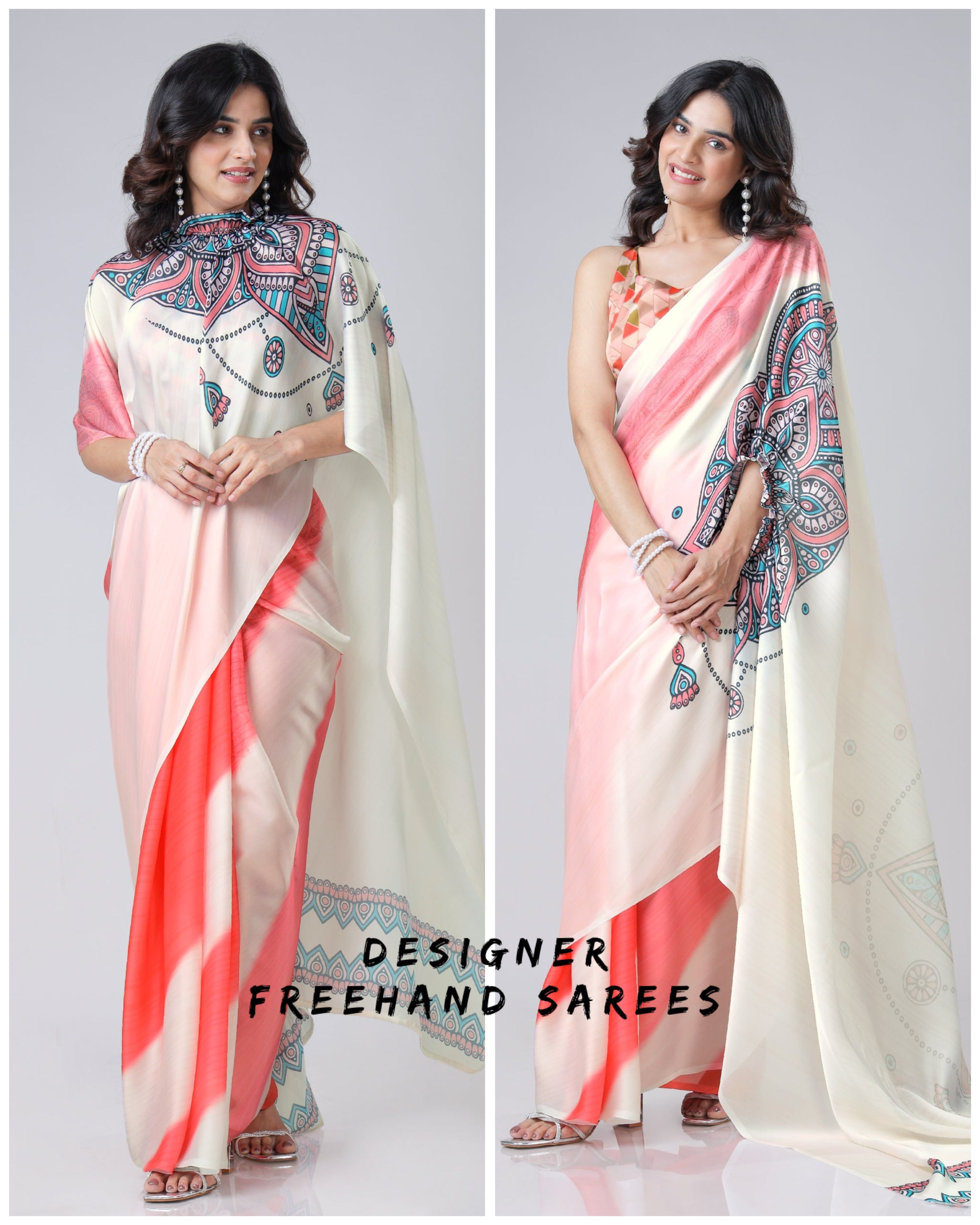 Coral Cream Mandala Print Freehand Saree – Handsfree Draping Elegance FREEHANDED