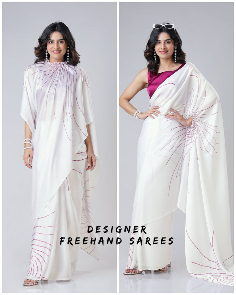 Ivory White Designer Freehand Saree with Maroon Abstract Lines – Handsfree Minimal Chic FREEHANDED