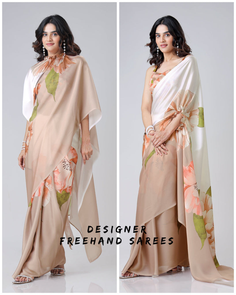 Mocha Beige & Ivory Floral Freehand Saree – Effortless Elegance with Handsfree Drape FREEHANDED