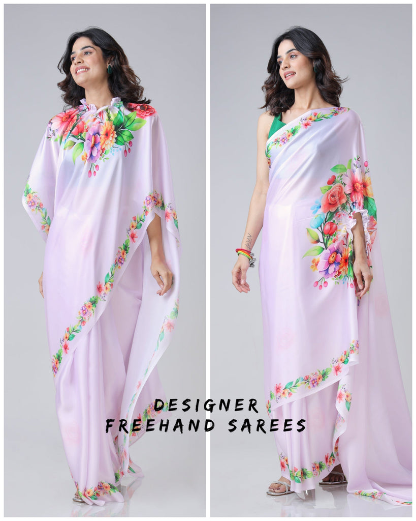 Lavender Bloom Floral Freehand Saree – Handsfree Elegance in Pastel Perfection FREEHANDED