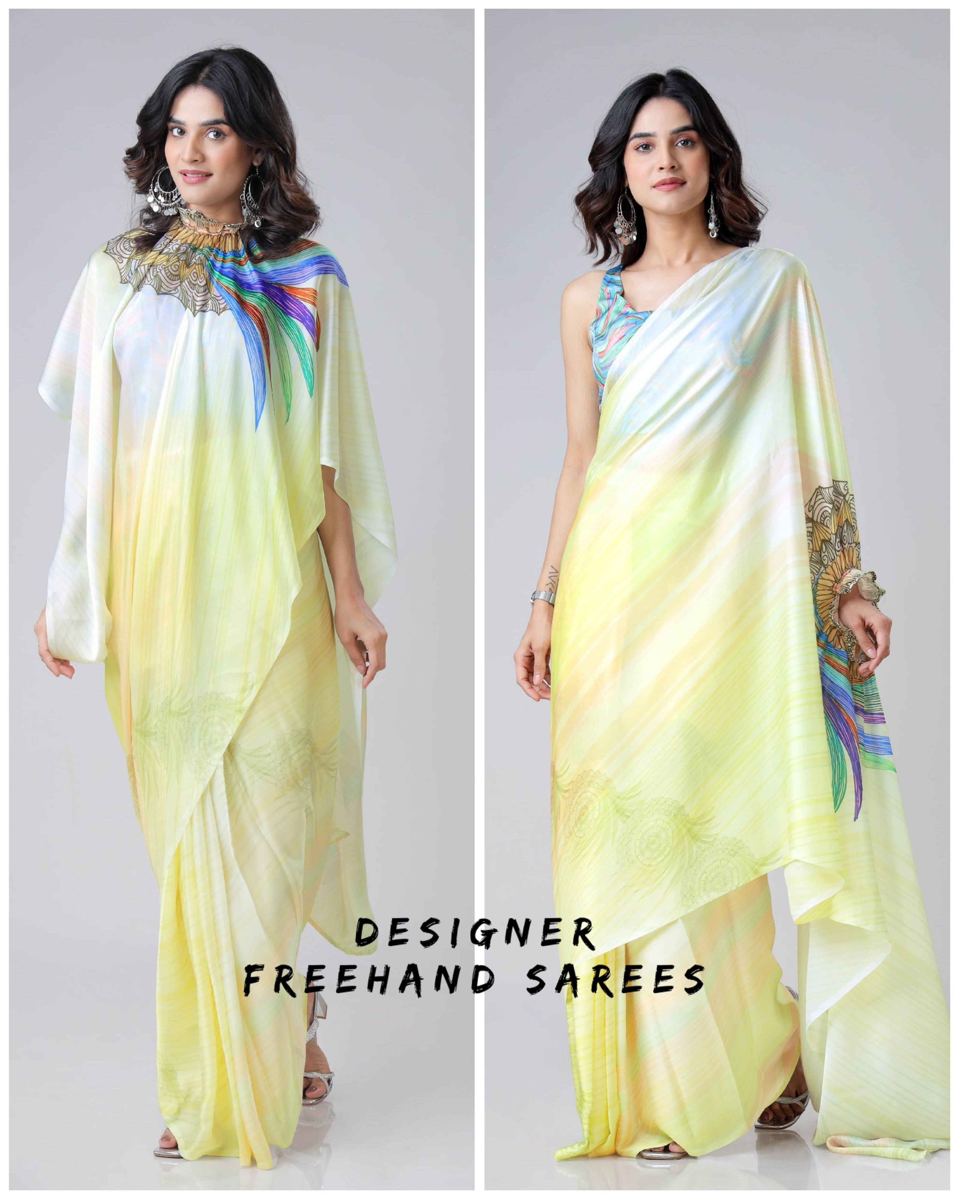 Lemon Yellow Rainbow Feather Freehand Saree – Modern Artistry with Handsfree Drape FREEHANDED