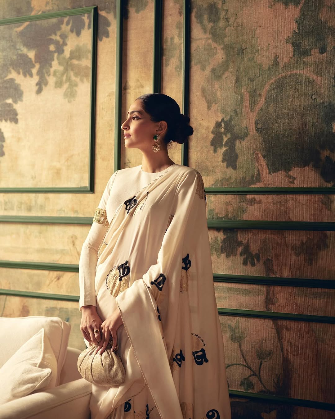 SONAM KAPOOR In Cream Satin Georgette Saree with Golden and Black Calligraphy Print FANCY SAREES