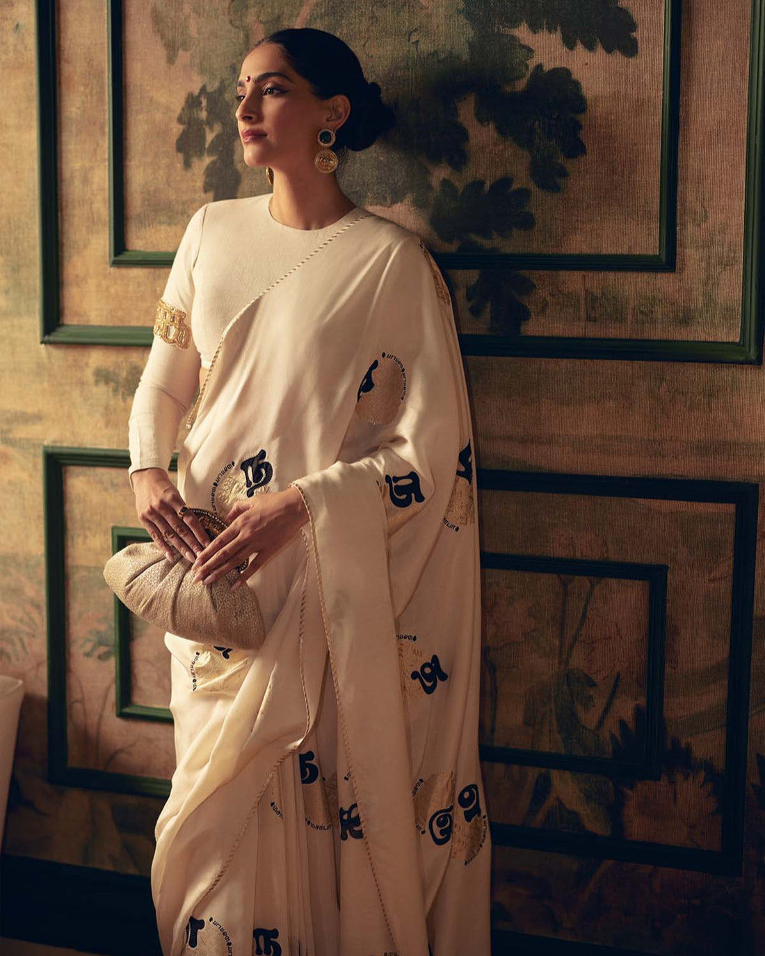 SONAM KAPOOR In Cream Satin Georgette Saree with Golden and Black Calligraphy Print FANCY SAREES