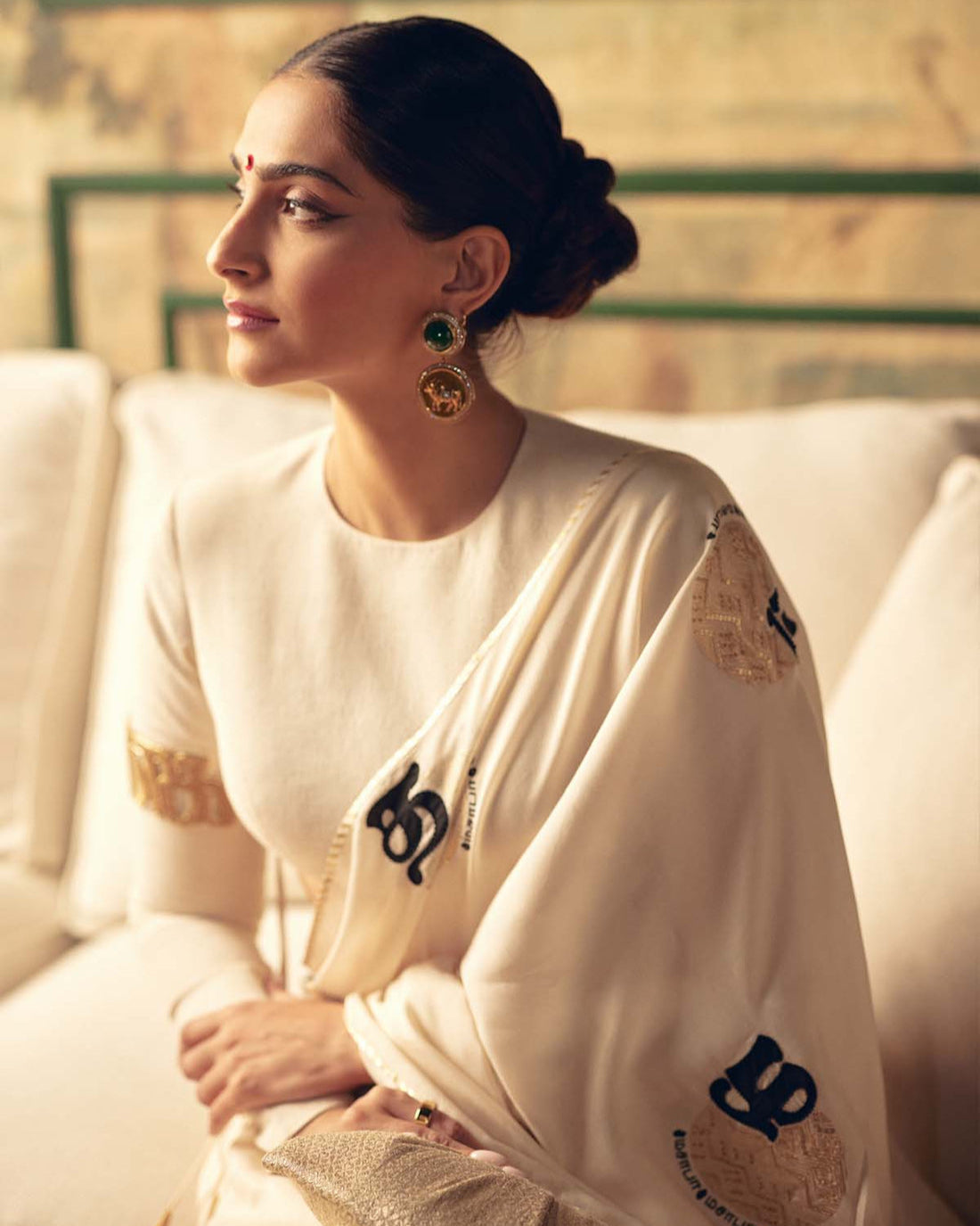 SONAM KAPOOR In Cream Satin Georgette Saree with Golden and Black Calligraphy Print FANCY SAREES