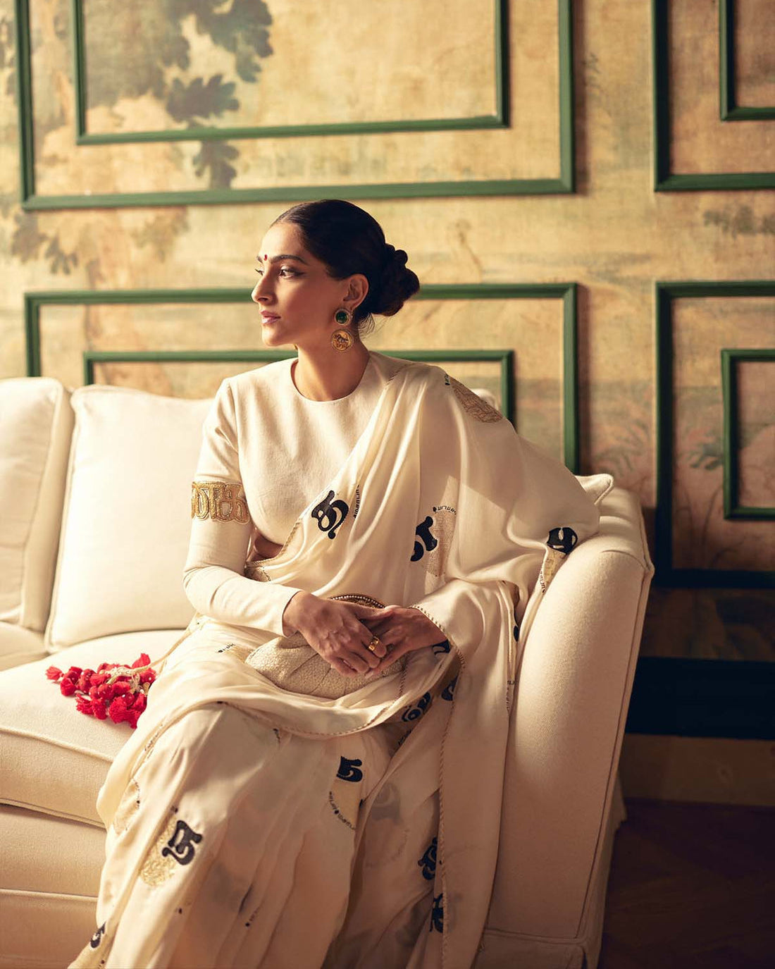 SONAM KAPOOR In Cream Satin Georgette Saree with Golden and Black Calligraphy Print FANCY SAREES