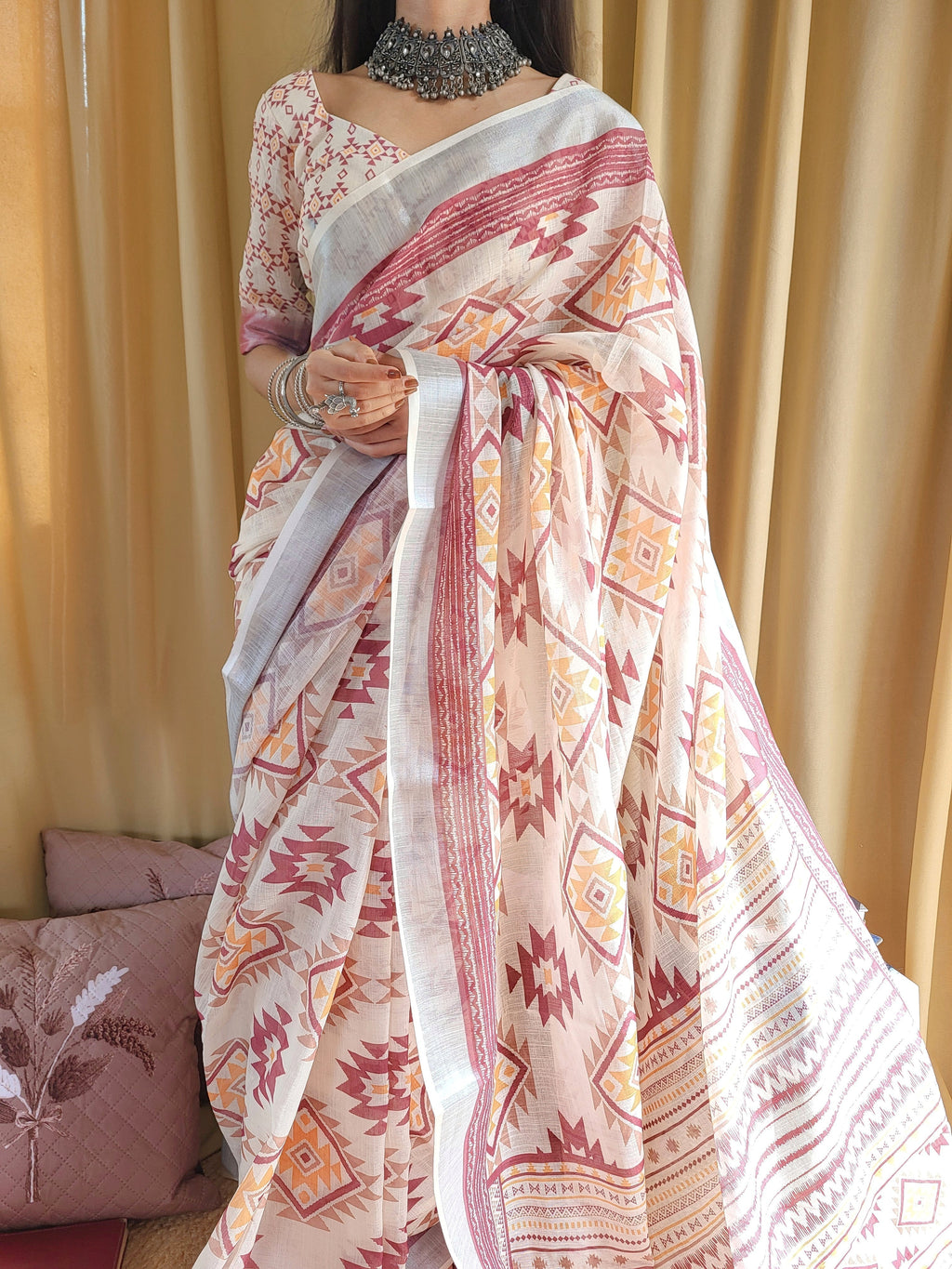 Ivory Linen Saree with Geometric Tribal Prints & Tassel Accents LINEN