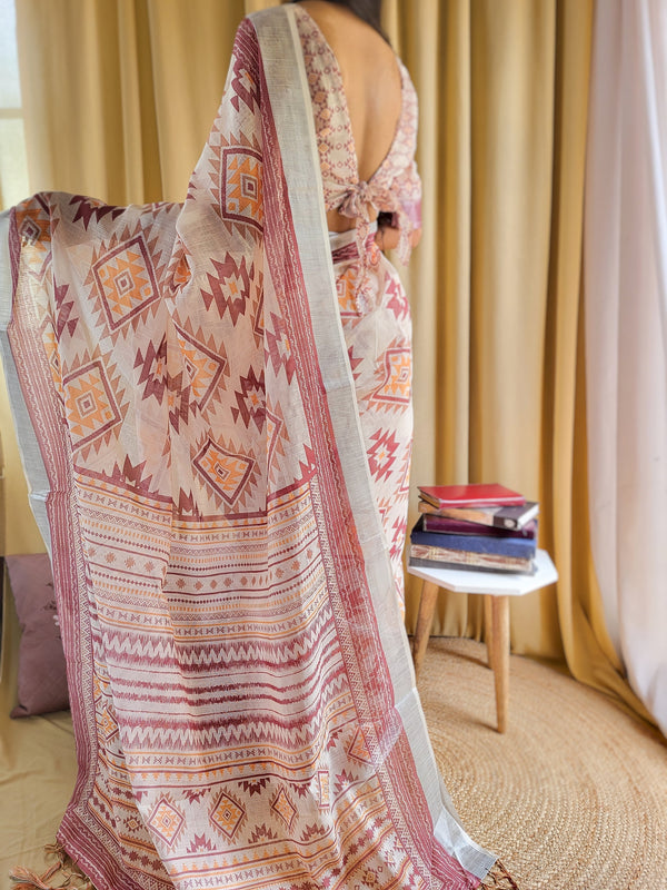 Ivory Linen Saree with Geometric Tribal Prints & Tassel Accents LINEN